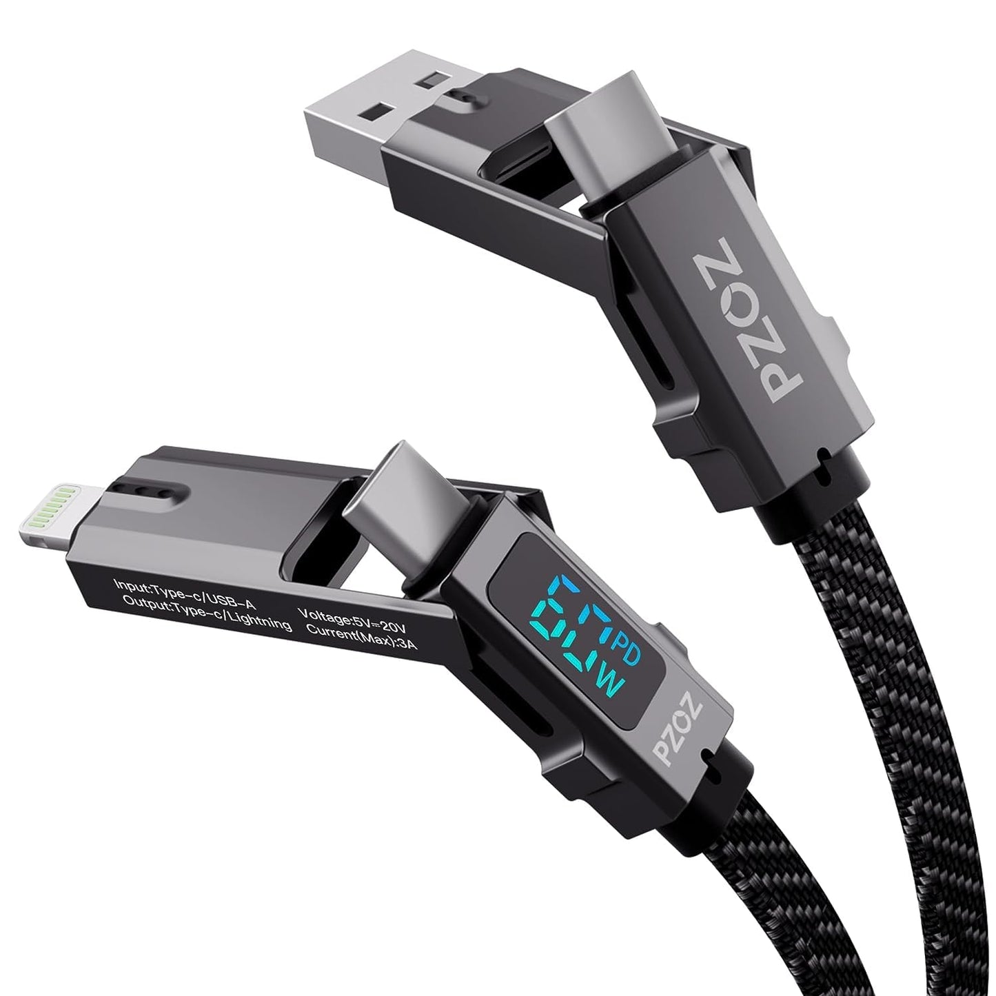 PZOZ 4 in 1 LED Display 60W USB Cable,USB C to Lightning/Type-c to USB C/USB A to Lightning/USB A to USB C Fast Charging Charger for iPhone iPad
