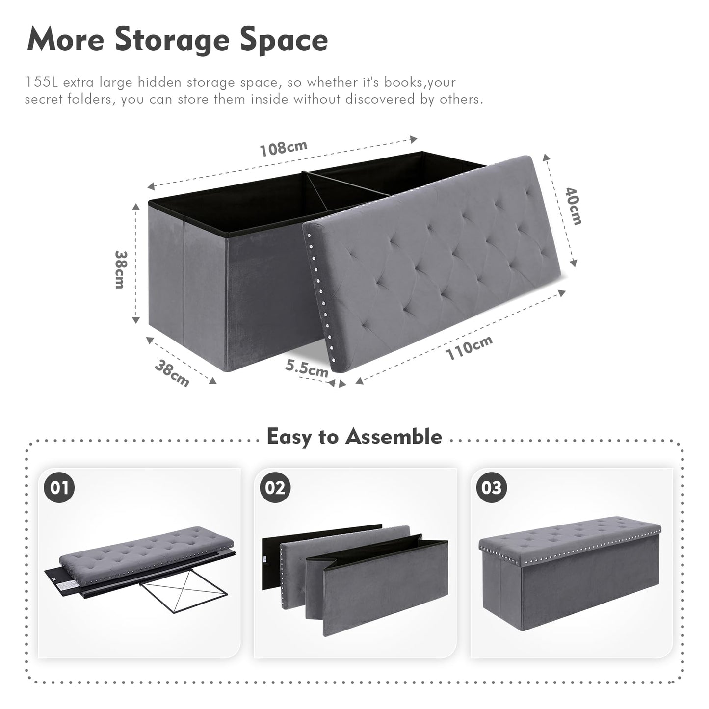 Bonlife Grey Velvet Ottoman Storage,Extra Large End of Bed Storage Box with Lids,Footstool Folding Ottoman Bench Window Seat with Rivet,110x40x40cm