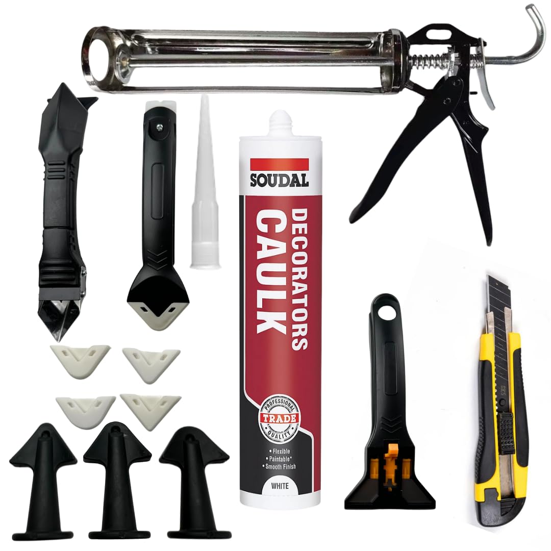 Tsekouri Decorators Caulk White Set - Bundle With Sealant Gun, Silicone Sealant Tool Finishing 3 in 1 Kit Smoothing Set And Soudal White Caulk Gap And