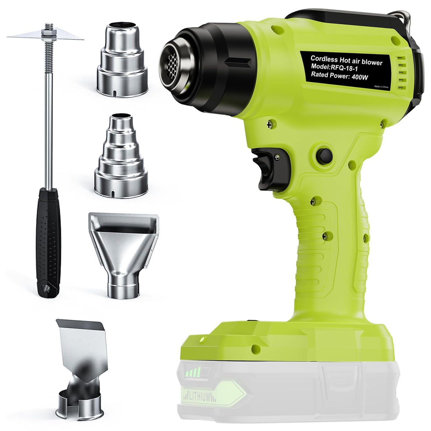 Heat Gun for Ryobi 18V ONE+ Battery (Tool Only), Cordless Hot Air Gun with 4 Nozzles, Battery Heat Gun for Welding, Bending Pipes, Colour Removal