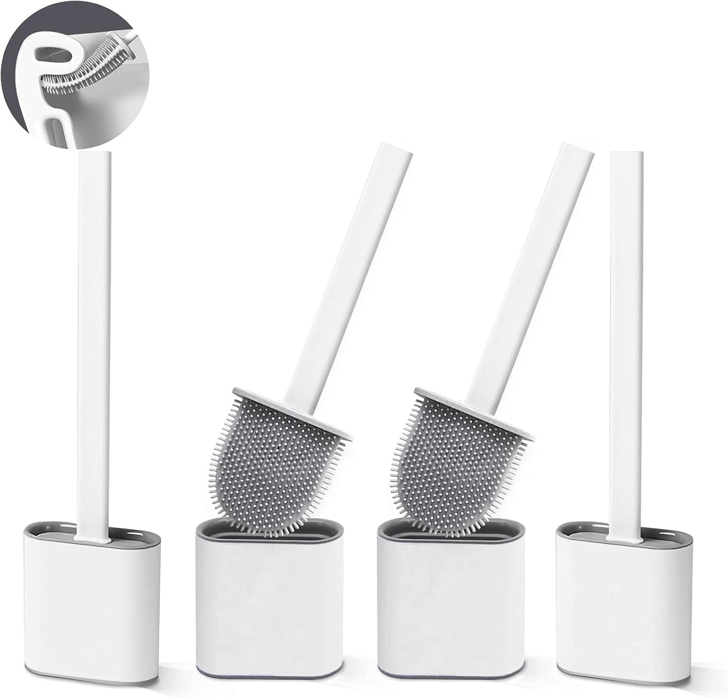 Toilet Brushes, 4 Pack Bathroom Silicone Toilet Brush with Holder Sets with No-Slip Long Plastic Handle and Soft Flexible Bristles, Toilet Brushes and