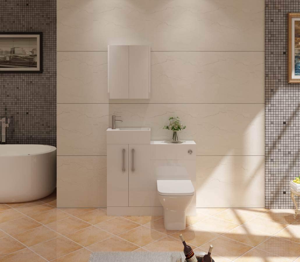 VeeBath STR-CR47-WH Lumin Cloakroom Vanity Basin Cabinet 2 Soft Close Door Bathroom Furniture Unit with Ceramic Sink-470mm, High Gloss White, 470mm