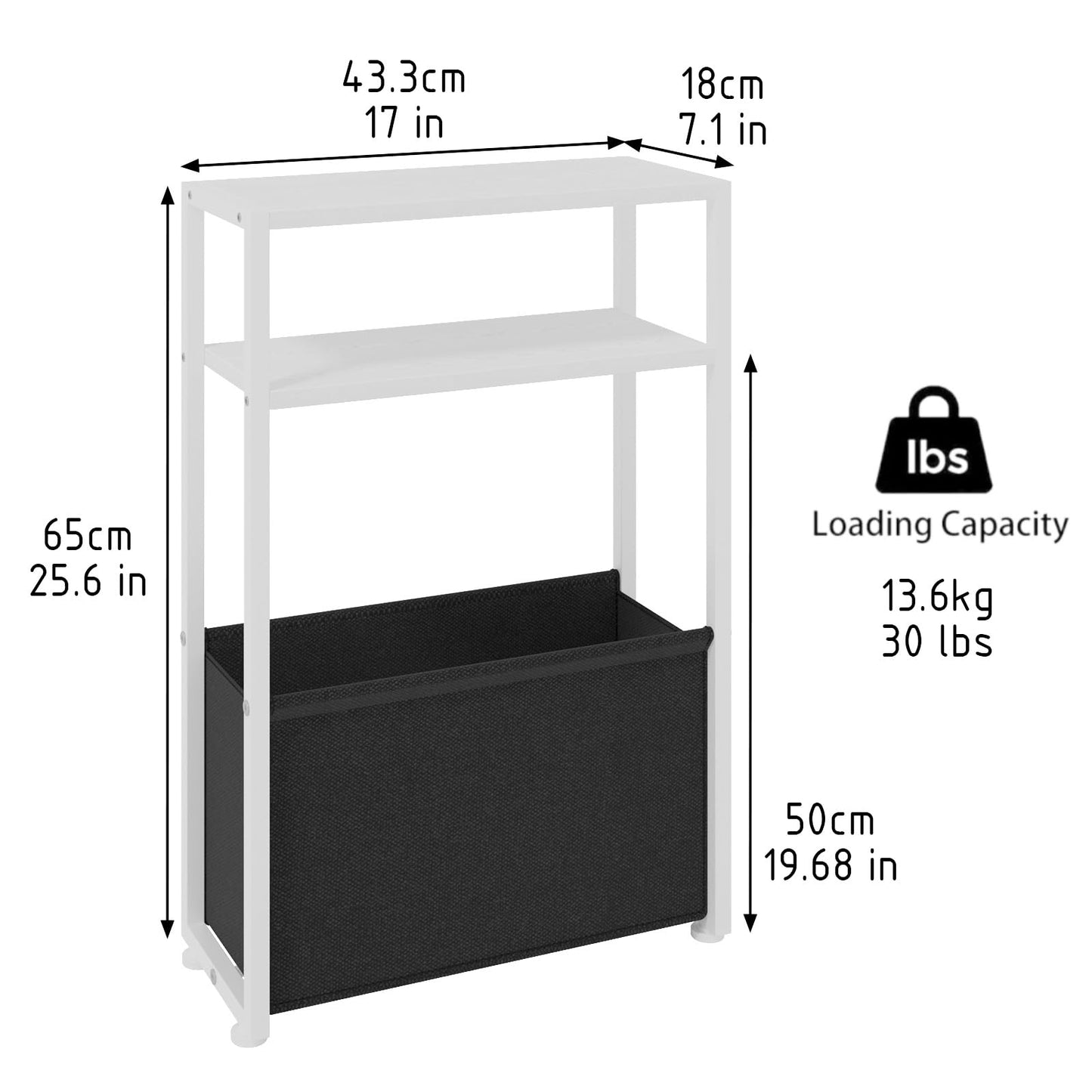 JERX Narrow Side Table with Fabric Basket, End Table for Small Spaces, Slim Side Table with Magazine Rack for Living Room Office Bedroom and Bathroom