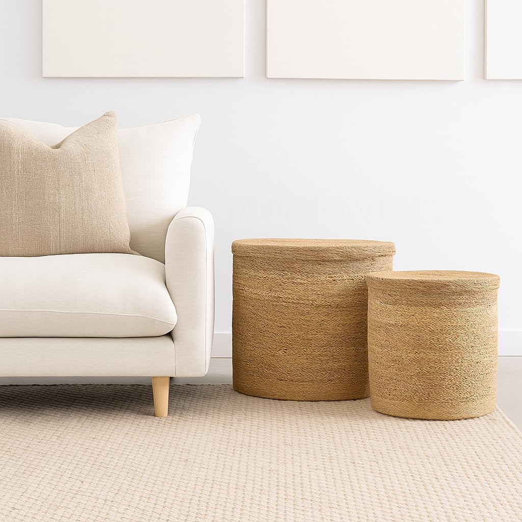 Olly & Rose Large Storage and Laundry Baskets - Set 2 45cm and 35cm Diameter - Seagrass Wicker Basket Premium Home Decor