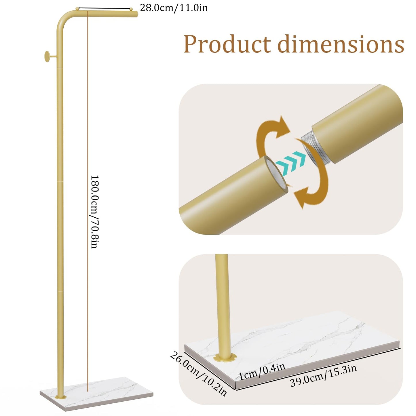 OUTBROS Metal Coat Rack, Freestanding Clothes Rail, 180cm, Gold