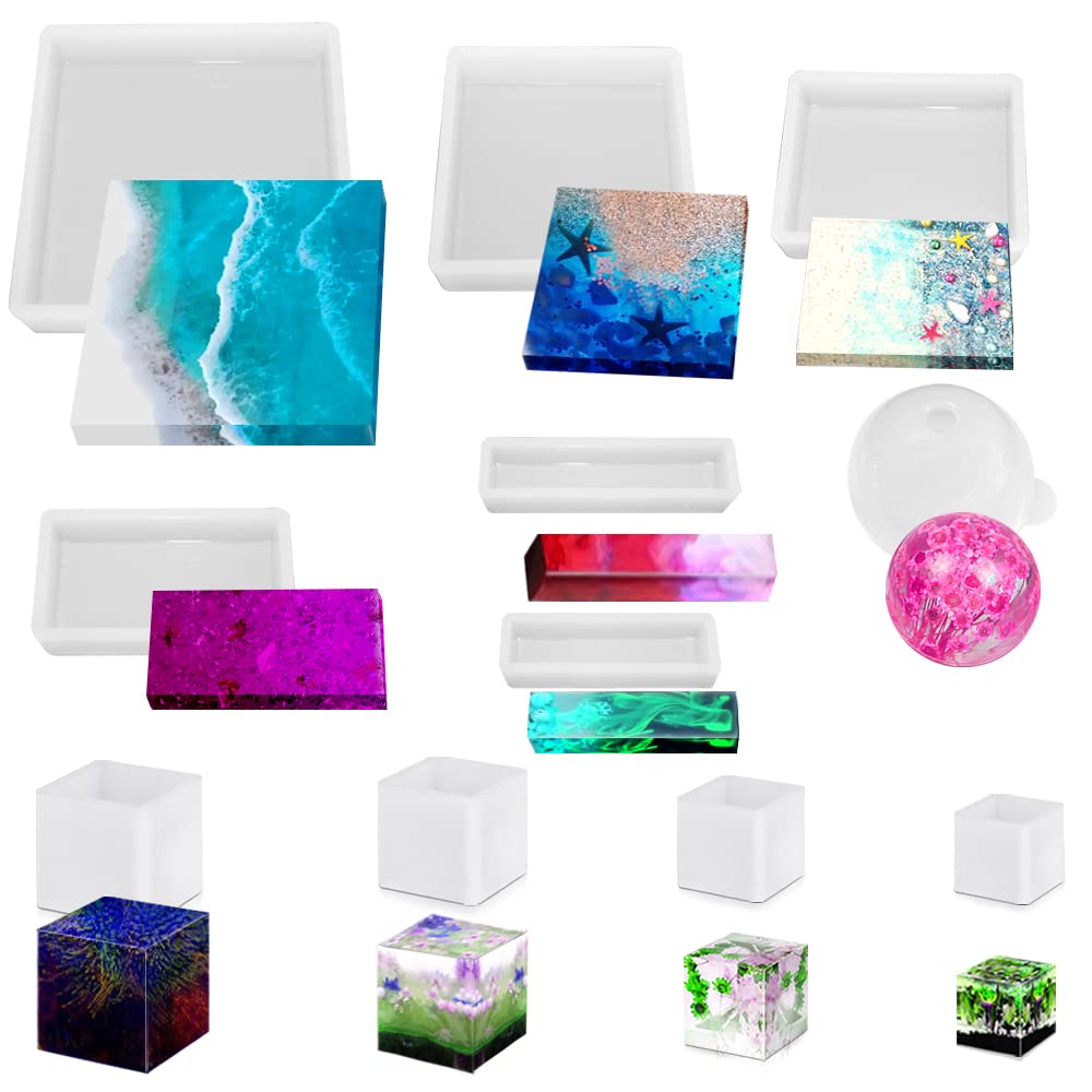 11 Pcs Resin Moulds, FineGood Epoxy Resin Moulds Silicone Square Ball Resin Mould DIY Cube Silicone Moulds for Resin Flower Preservation Jewellery