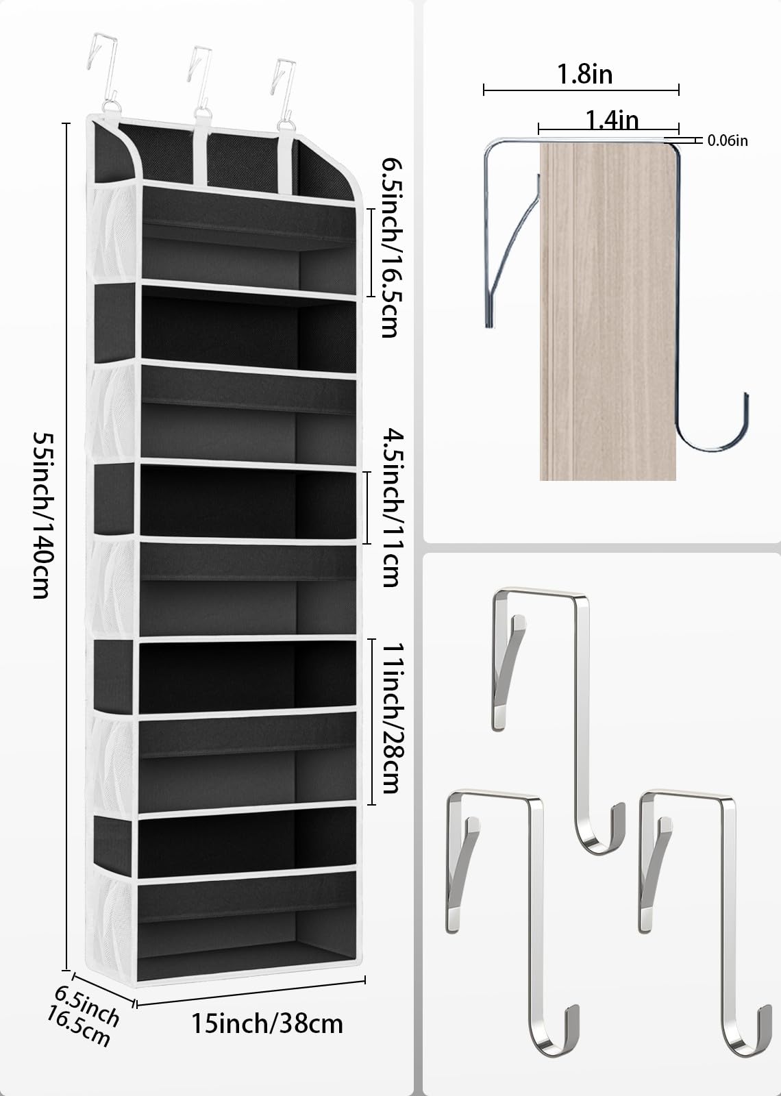 TAHAVICE Over The Door Storage Organizer with 5-Shelf, Door Organizer Hanging 3 Metal Hooks,10 Mesh Pockets(Black)