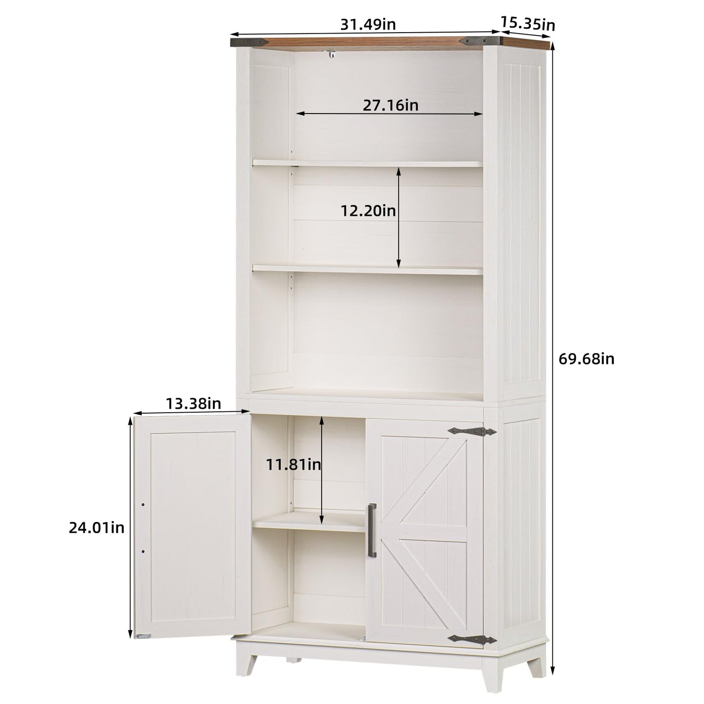 LELELINKY 70in Tall Bookshelf 5 Tier Bookcase with Barn Doors and Adjustable Shelves, White Farmhouse Book Shelf with Storage Cabinet