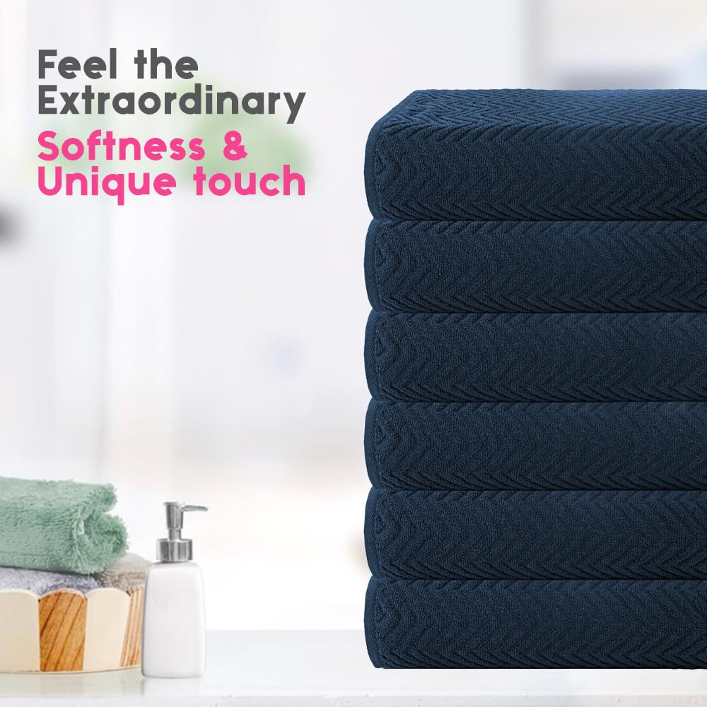 CASA COPENHAGEN Wave Textured 6-Piece Small Bath Towel Set - Navy Blue, 550 gsm, 6-piece small bath towels, durable cotton towels for everyday use