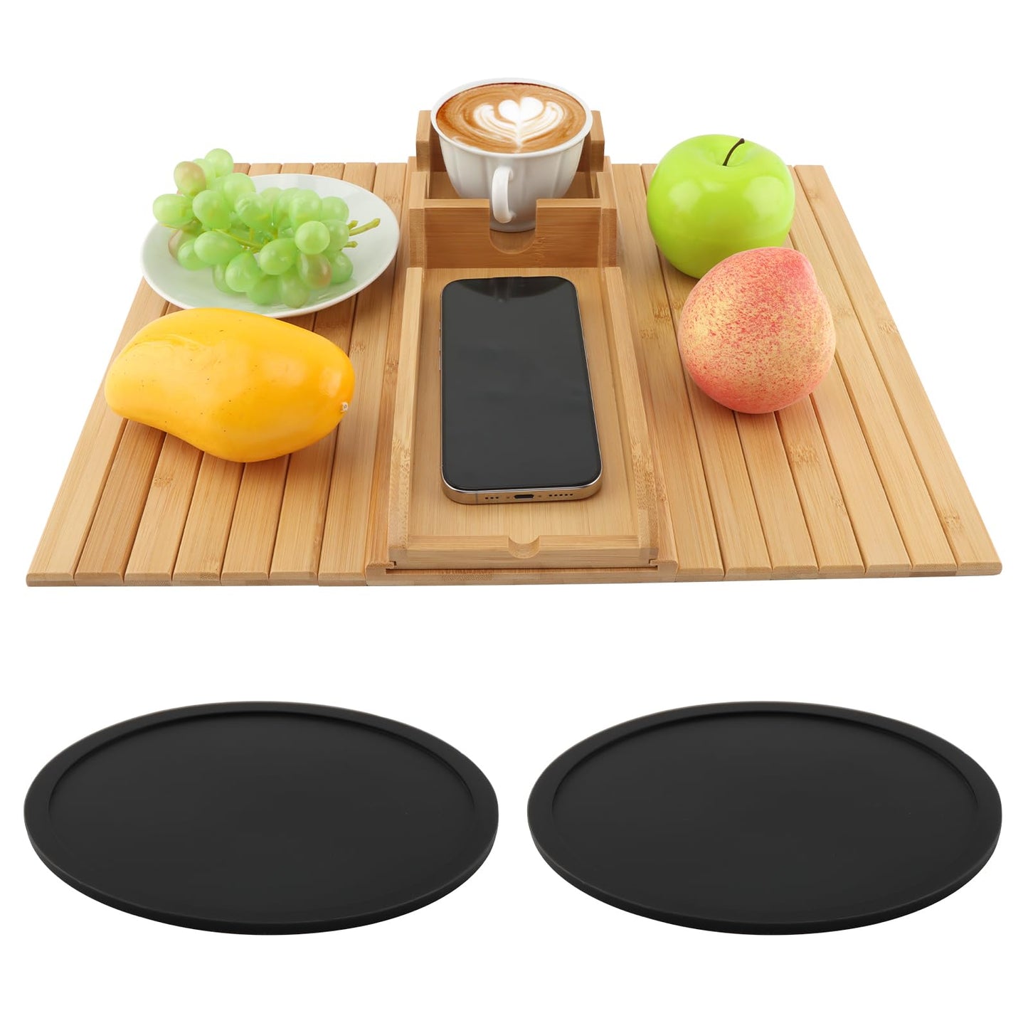 Tharvolex Bamboo Sofa Armrest Tray, 2-in-1 Detachable Couch Cup Holder & Armrest Table with Anti-Slip Pad, Foldable Bamboo Tray for Drinks, Snacks