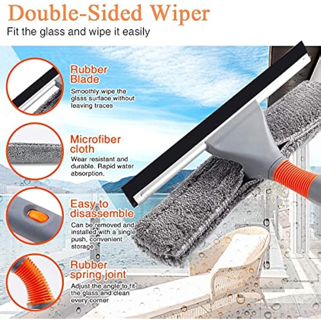 Baban Squeegee Window Cleaner 2 in 1 Window Cleaning Tool with Elbow and Straight Extension Pole, 61'' Telescopic Window Washing Equipment with Bendable Head for Car Indoor Outdoor High Windows (2 Pad
