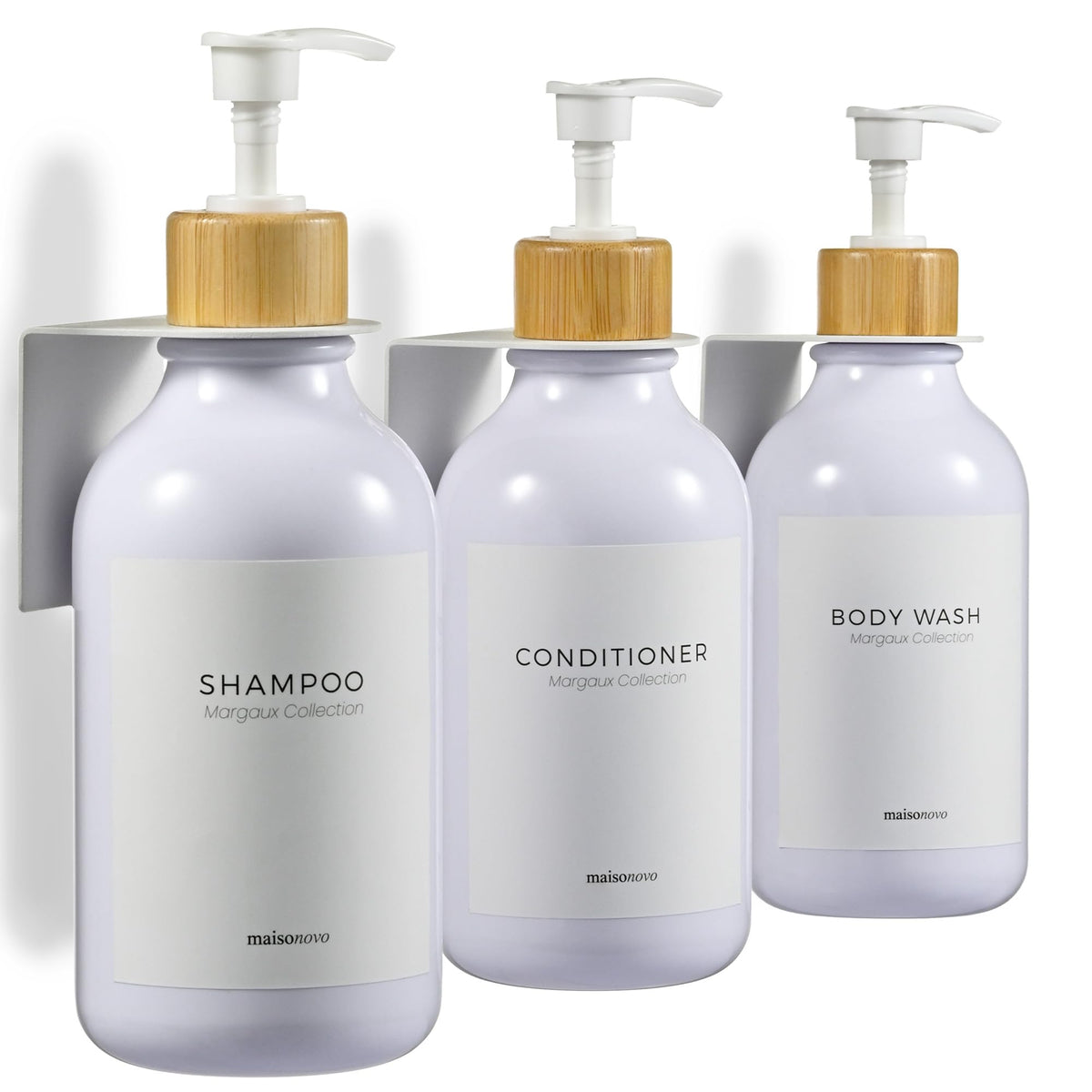 MaisoNovo Shampoo and Conditioner Dispenser - Set of 3 Shower Soap Dispenser Wall Mounted - 500ml White Plastic Bottles with White Bamboo Pump