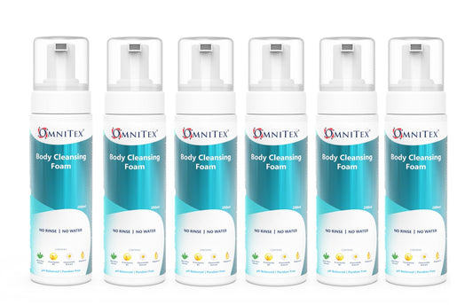 6x 200ml Omnitex Rinse Free Body Cleansing Foam, With Herbal Oils & Vitamins | No Water - No Rinse Body Wash | Clean, Nourish & Protect, No Parabens,