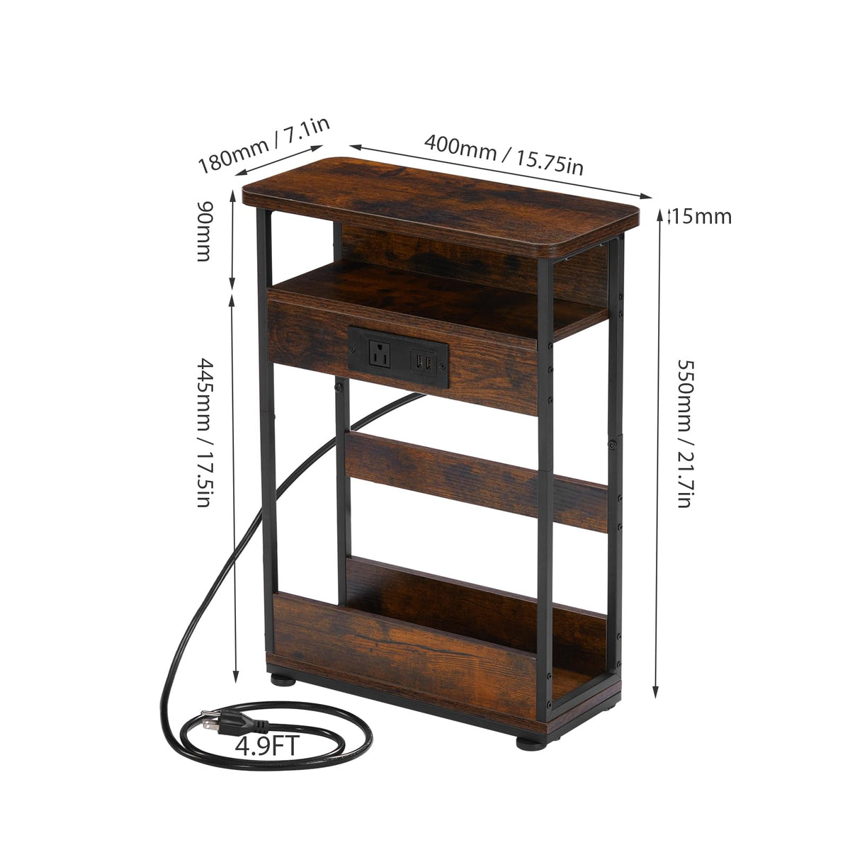 Rustic Brown Narrow Side Table with Charging Station - 3-Tier End Table with 2 USB Ports & Power Outlets, Perfect for Small Spaces