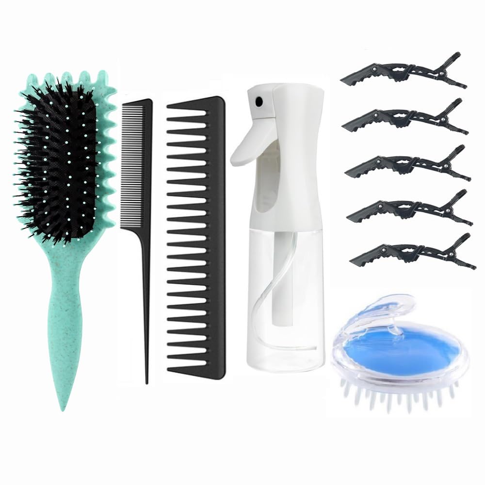 ABWXN Curly Hair Brush Set with Curl Defining Brushes, Wide Tooth Comb,Tail Comb,HairSpray Bottle,Hair Scalp Massager Brush and HairClips for Women