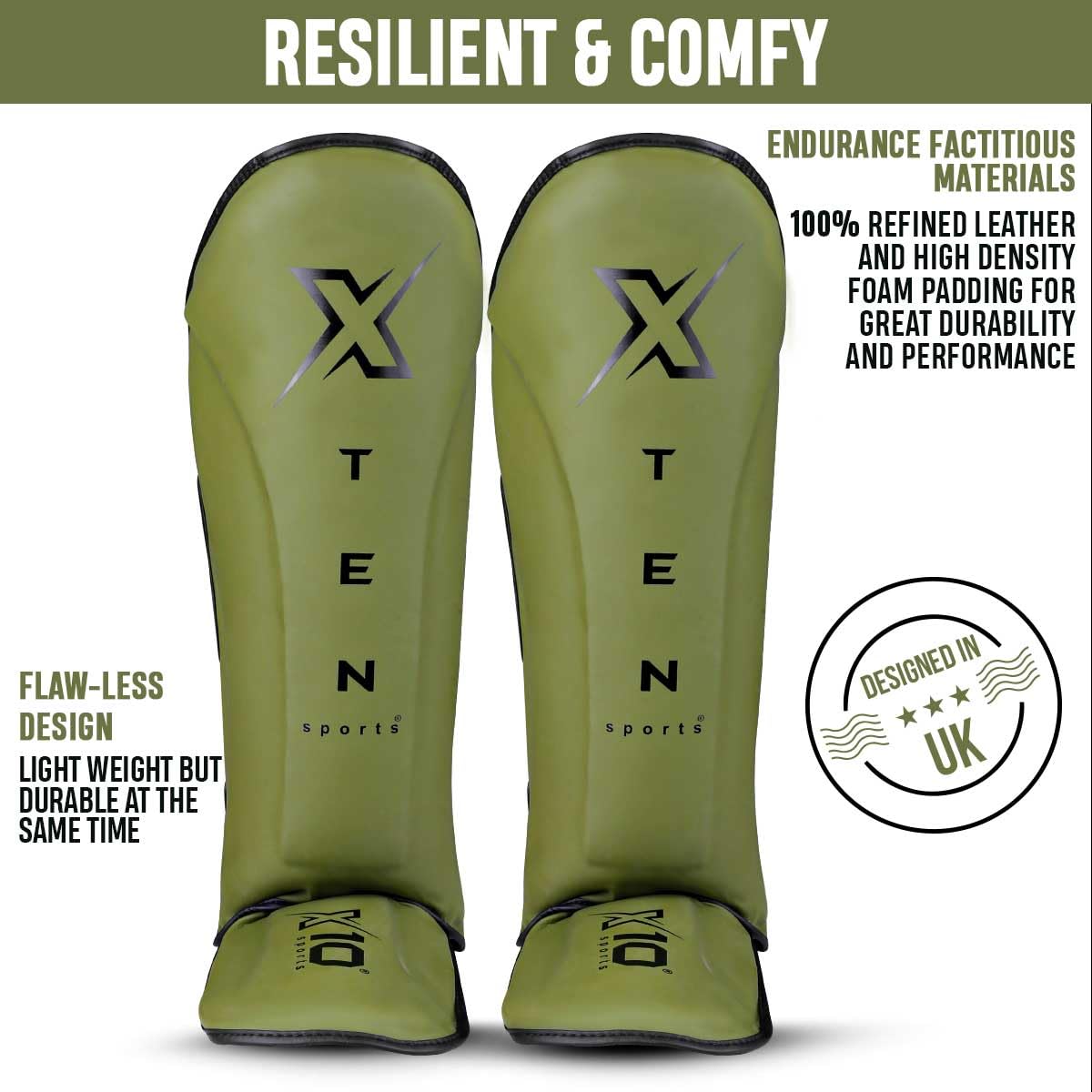 XTEN SPORTS Shin Guards Muay Thai, MMA, Gel Integrated Padding, Training Sparring, Boxing, Kickboxing, BJJ, Taekwondo Protective Gear, Olive Green