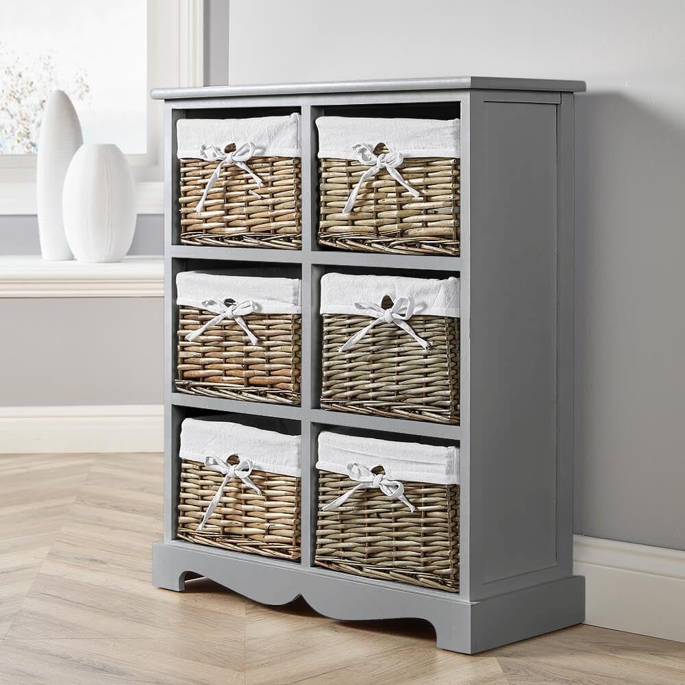 Home Source Bedroom Wooden Storage Unit, Woven Willow Wicker Baskets, 6 Drawer Wide Cabinet Chest, Grey