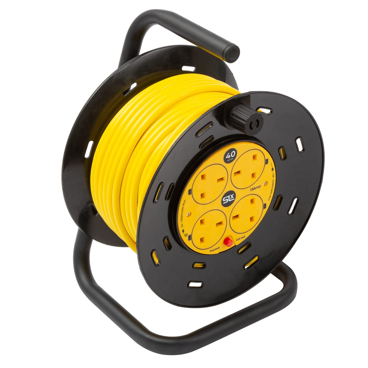 SLx Outdoor Extension Lead, 40m, 4 Socket Extension Reel, Heavy Duty Extension Cable, Thermal Cut Out, Extension Lead for Garden Lawn Mower Office,