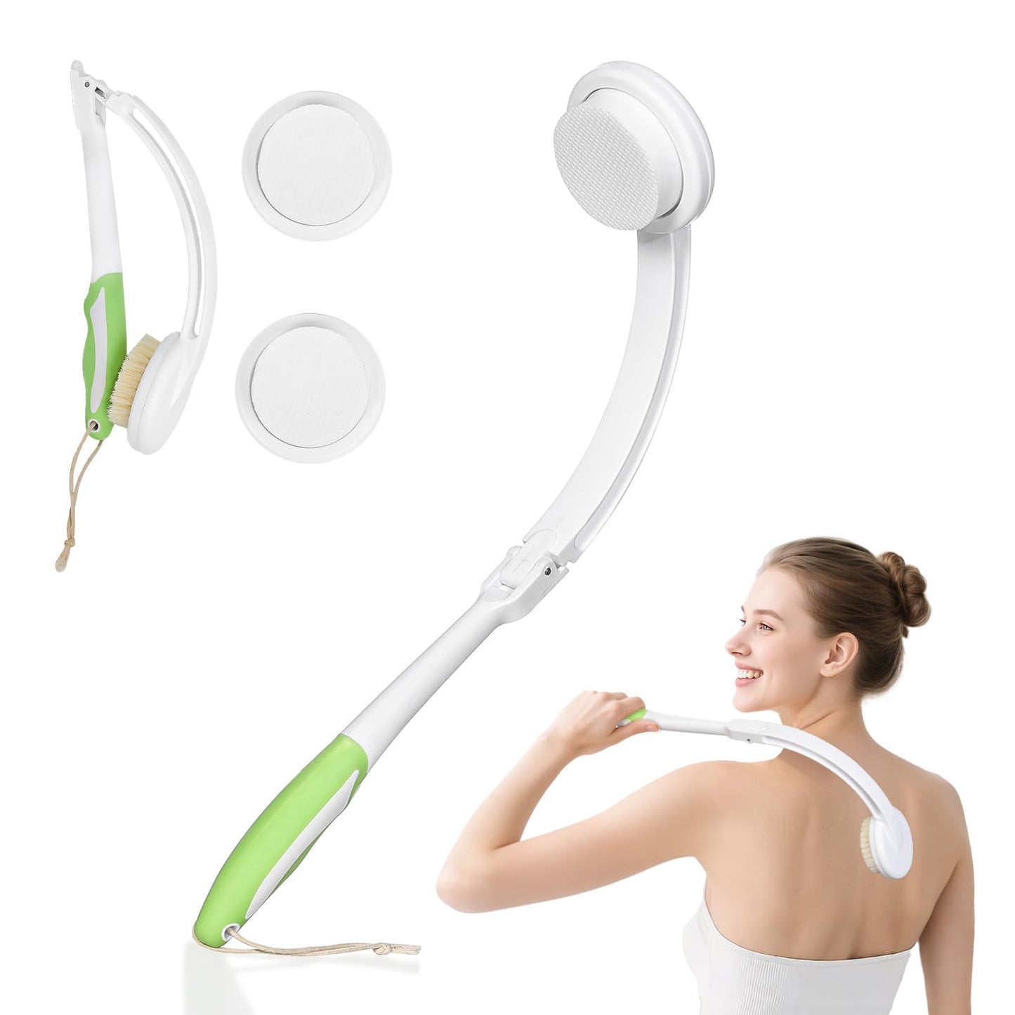 Shower Back Scrubber, Foldable Long Handle Bath Brush with Soft Natural Bristles, 3 Interchangeable Brush Heads, Back Lotion Applicator for Women Men