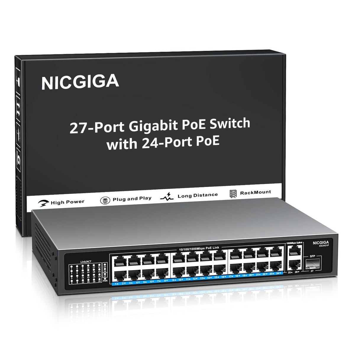 NICGIGA 24 Port Gigabit PoE Switch with 24 PoE+@300W, 2 Gigabit Uplink Port, 1 SFP, Sturdy Metal for Desktop/Rack Mount, Plug and Play, Unmanaged