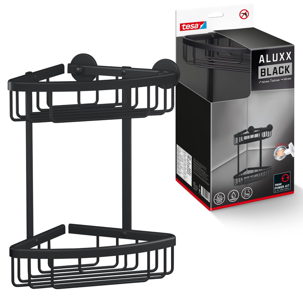 tesa ALUXX BLACK Wall Mounted Corner Shower Basket, Matt Black - Two levels - Suits industrial style and modern bathrooms - Drill-free, with