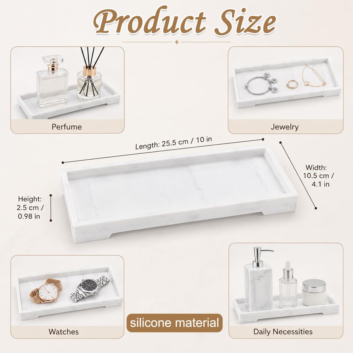 Marble Tray, Silicone Bathroom Tray, Rectangular Tray Organiser, Mold-proof, Space Saving Decorative Countertop Tays for Bathroom Vanity Kitchen