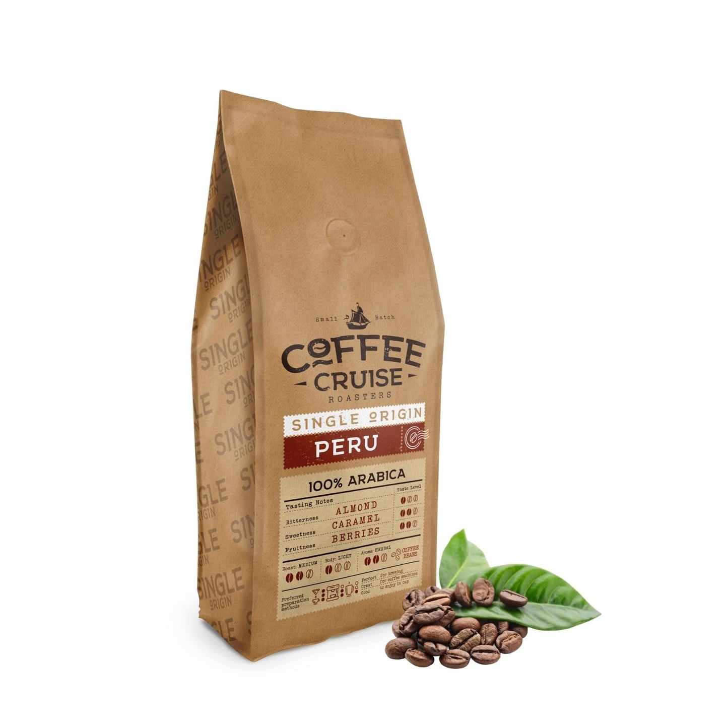 COFFEE CRUISE Peru Coffee Beans 1kg - Light Roasting - Aroma Caramel and Herbal - For All Coffee Machines - 100% Arabica