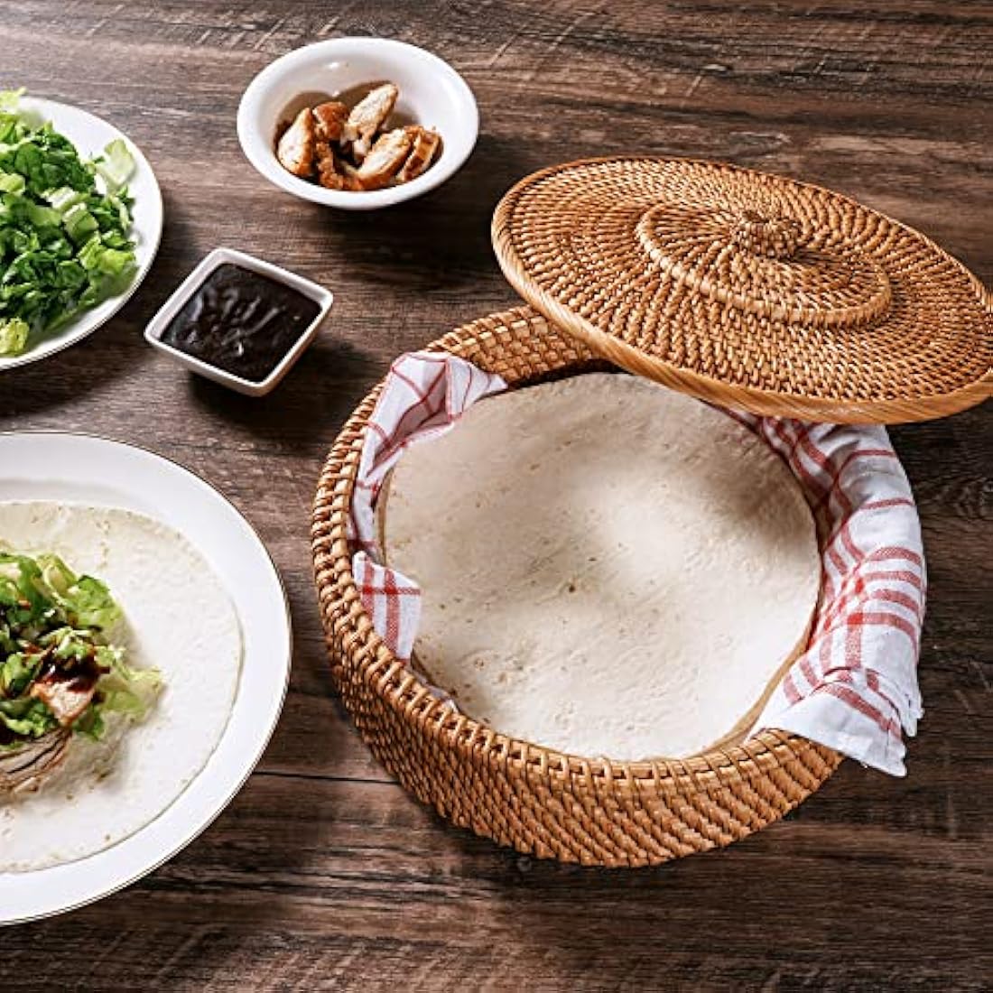 Tortillada - 26 cm Tortilla Warmer / Tortilla Warmer Basket Handmade from Rattan with Cotton Tea Towel