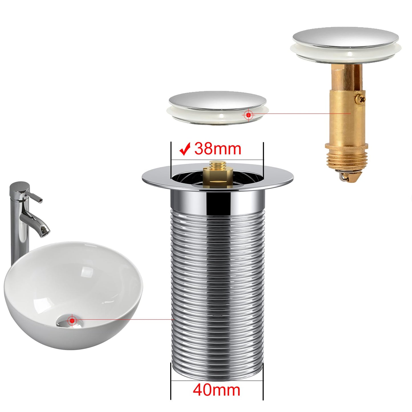 38mm Pop Up Sink Plug Replacement, Brass Bathroom Basin Drain Stopper, Universal Pop Up Basin Plug for UK Bathroom Sink Waste 1 Pack