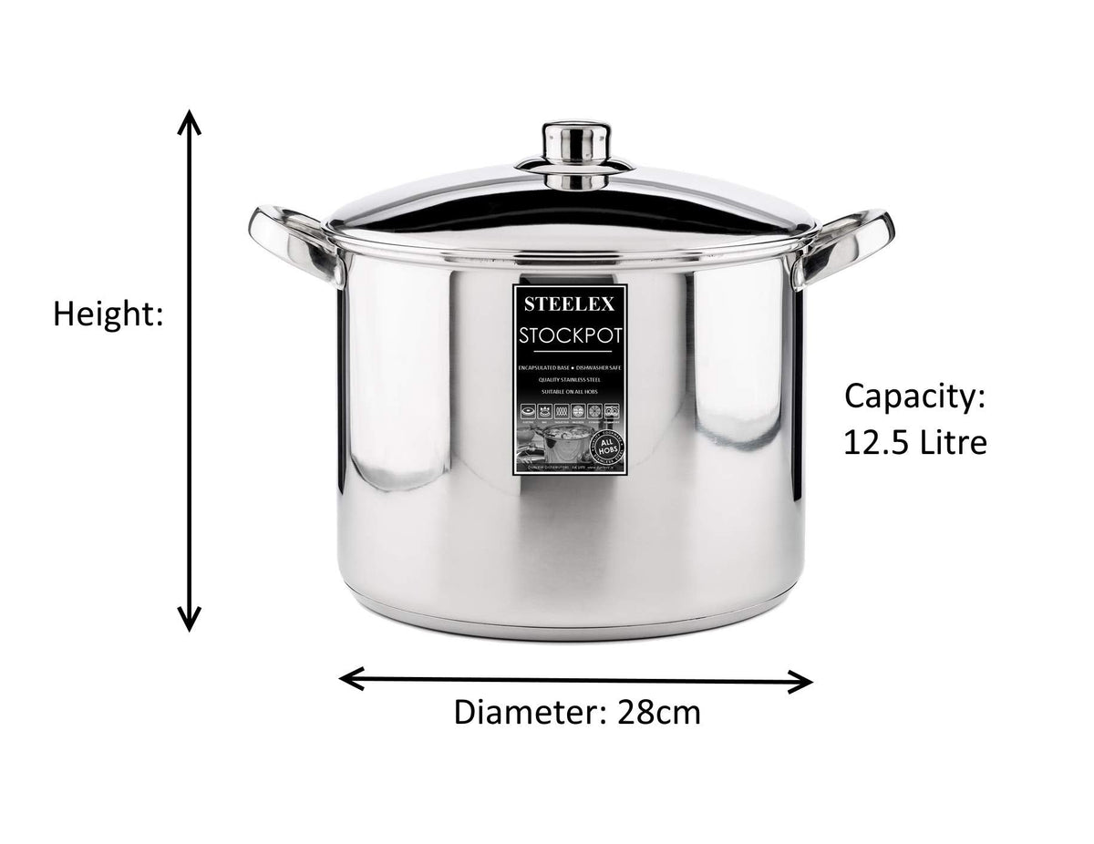 Stainless Steel Induction Stock Pot with Lid Large Deep Casserole Cooking Stockpot Mirror Polished Finish Soup Stew Home Brew Pot (28cm - 12.5 Litre)