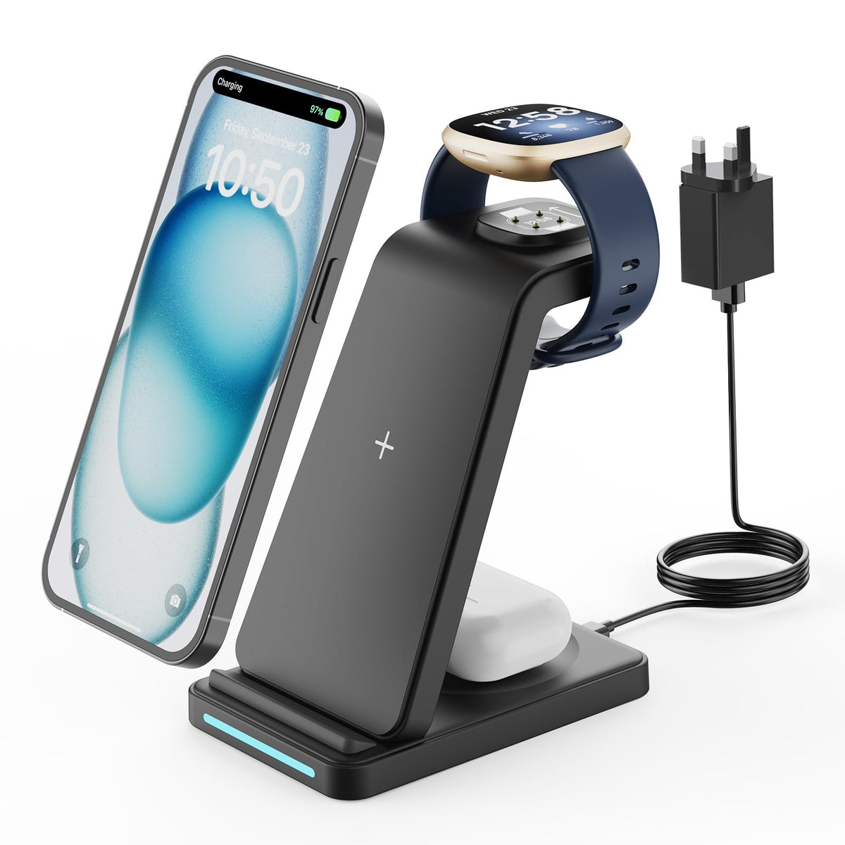 Wireless Charger for Fitbit Charging Station - GEEKERA 3 in 1 Phone Charger Stand for Google Pixel Watch 3/2/Fitbit Sense 2/Sense/Versa 4/3,