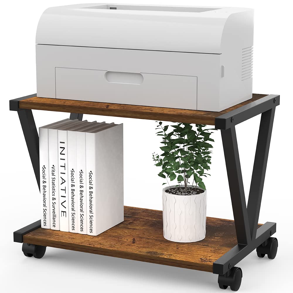 VEDECASA 2 Tier Printer Stand with Wheels Modern Desktop Storage and Organize Under Desk Printer Table for Home Office (Brown)