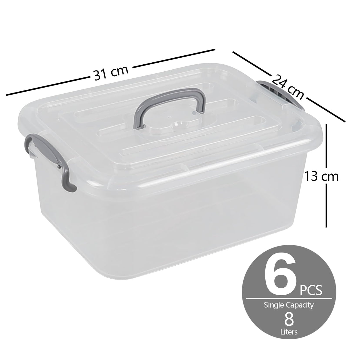 Afromy 6 Packs Storage Boxes with Lids, Clear Plastic Bin with Handle, 8L