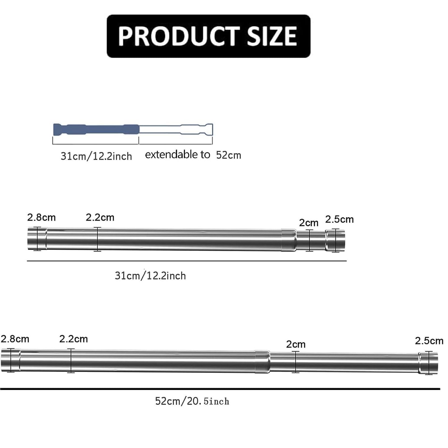 Extendable Clothes Rail,31-51cm Extendable Wardrobe Rail Adjustable Stainless Steel Wardrobe Rod with End Sockets and Screws Adjustable Wardrobe Rail