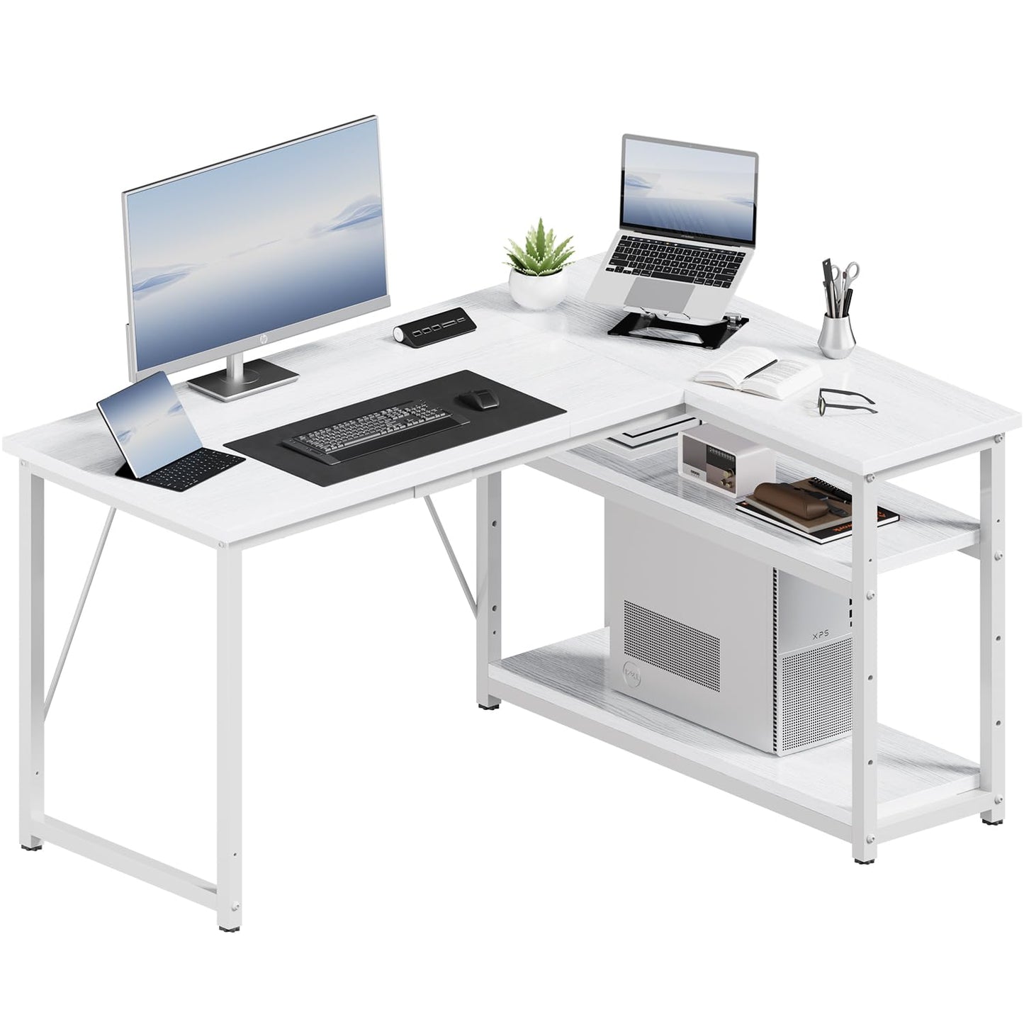 JUMMICO Small 120x80cm L-Shaped Corner Desk with Storage,Compact Corner Computer Desk for Home Office, White