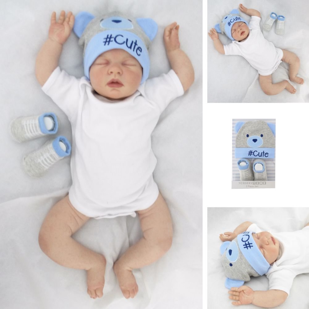 Boys Hat and Socks Set 0-6 Months Grey/Blue