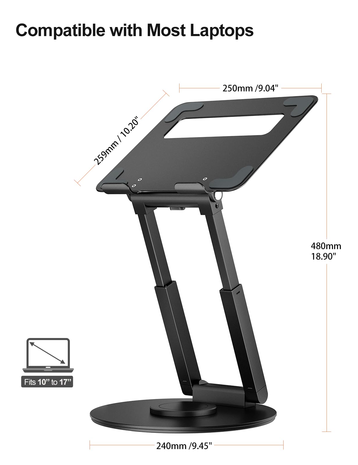 tounee Telescopic Laptop Stand for Desk with 360 Swivel Base, Sit to Stand, Height Adjustable, Portable Riser Holder for Good Posture, Compatible