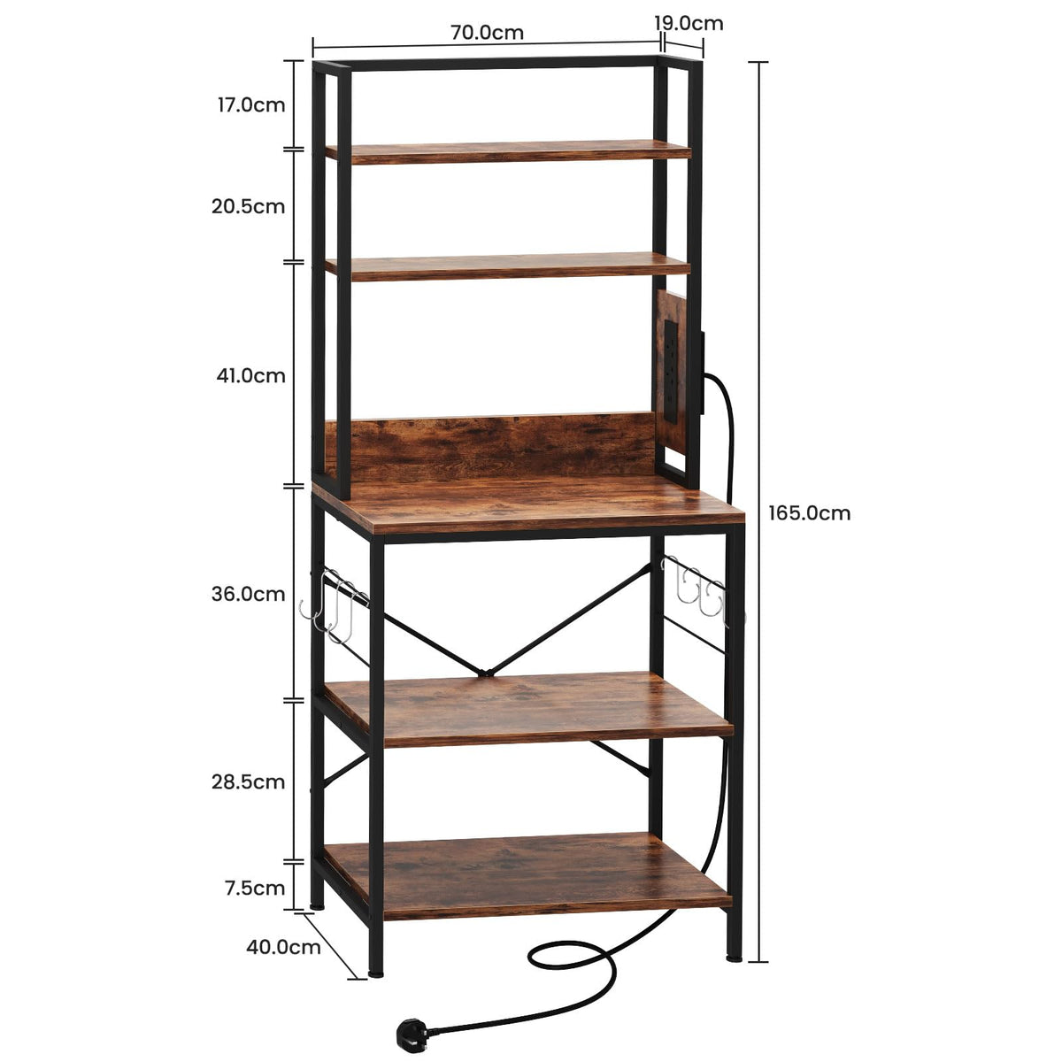Dripex Baker's Rack, 65" Freestanding Kitchen Storage Shelf Unit with Hooks, 5-Tier Versatile Standing Bookshelf for Home, Kitchen, Living Room