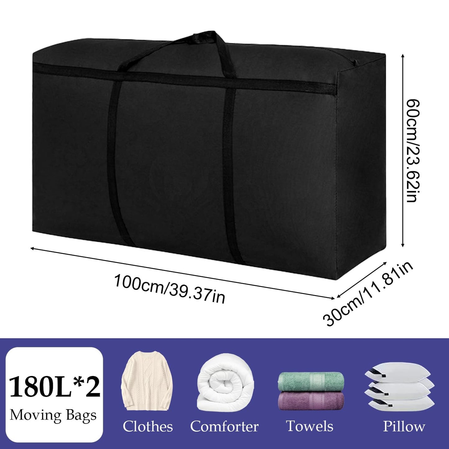 Kongming Pack of 2 180L Storage Bag XXL Waterproof Oxford Black Extra Large Moving Bags with Zip Handle for Duvets Cushions Clothes Bedding Storage