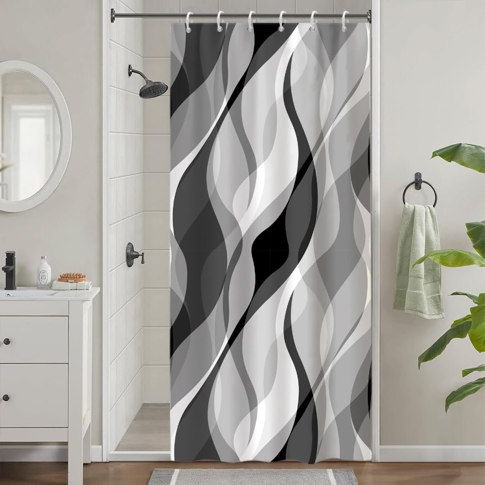 Uiiooazy Shower Curtain, Grey, Shower Curtain, Narrow 90 x 180 cm, Anti-Mould, Black Gradient, Stripes, Lines, Patterned Shower Curtains, Short