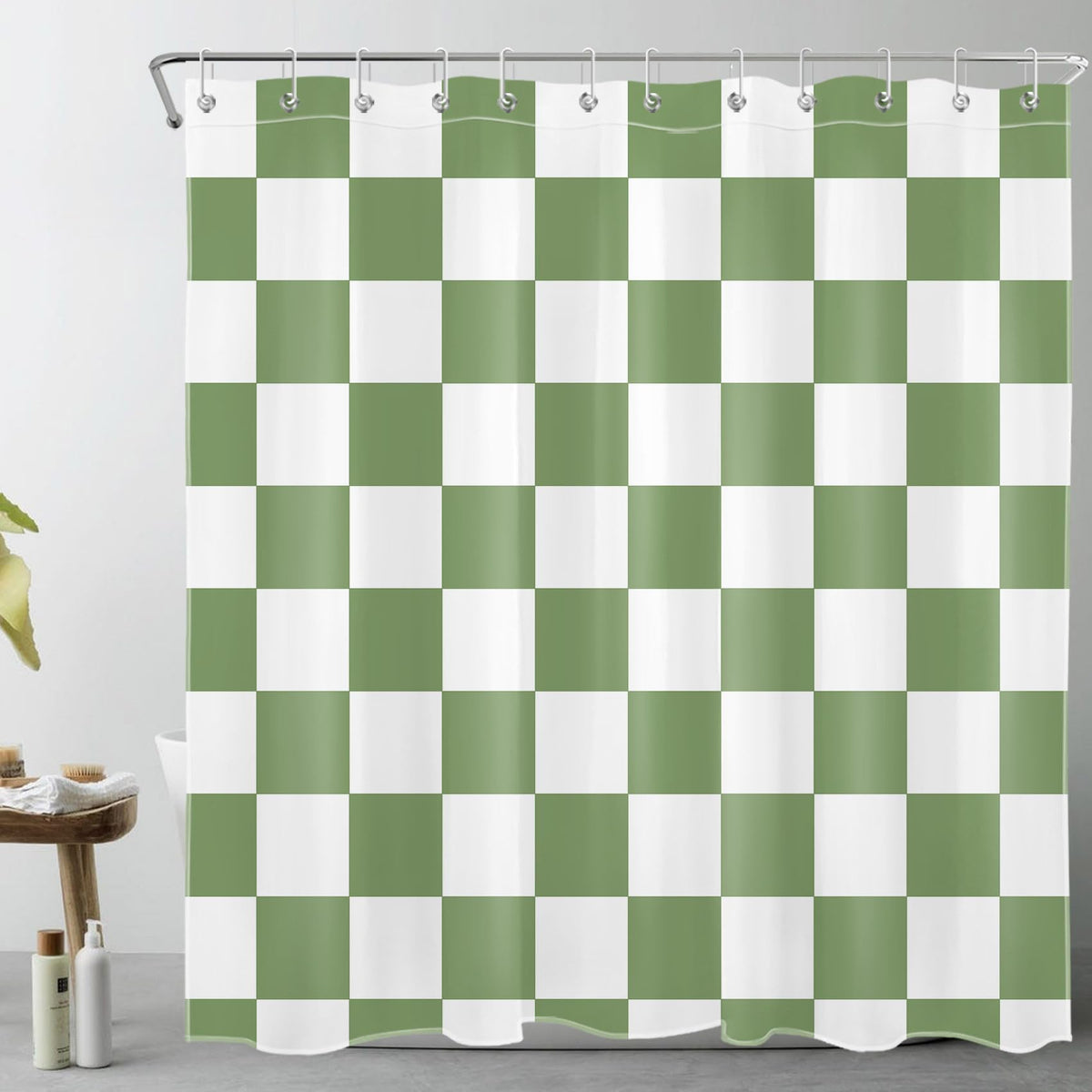 LB Green and White Plaid Shower Curtain Simple Geometric Shower Curtains for Bathroom Modern Checked Art Decor Polyester Anti Mould Waterproof Extra