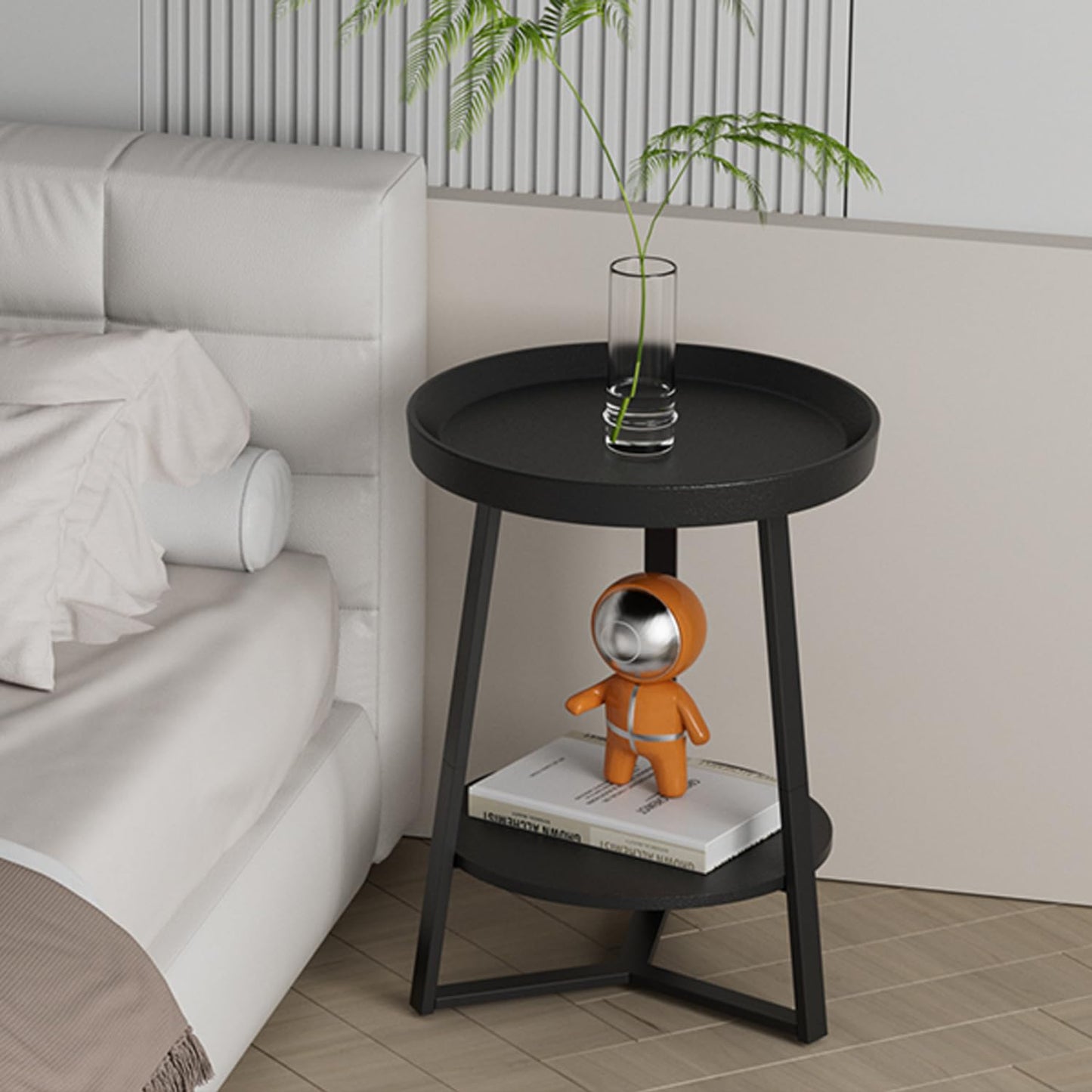 HOME BI Round End Table with Storage Shelf, 2 Tier Farmhouse Circle Side Table Nightstand for Living Room, Bedroom,Black Wood Grain
