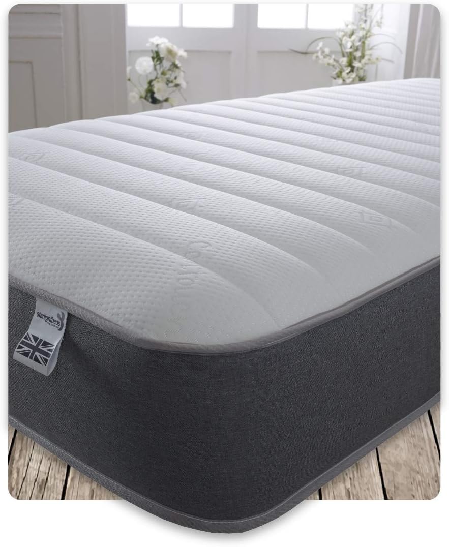 Starlight Beds Cooltouch Linear 8 Inch Hybrid Mattress. 3ft Single Mattress with Memory Foam Layer and Spring Unit. Grey/White, Soft Firmness. (3ft x
