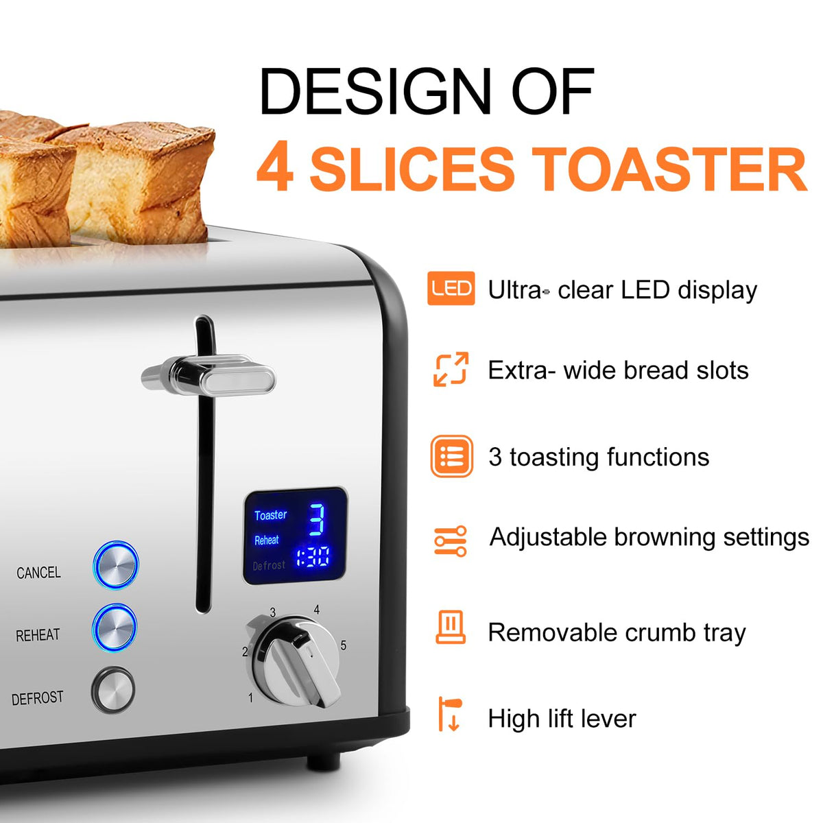 Toaster 4 Slices, Cusimax Stainless Steel Toaster with Ultra-Clear LED Display & 4 Extra-Wide Slots, Defrost/Reheat/Cancel Function, 6 Browning