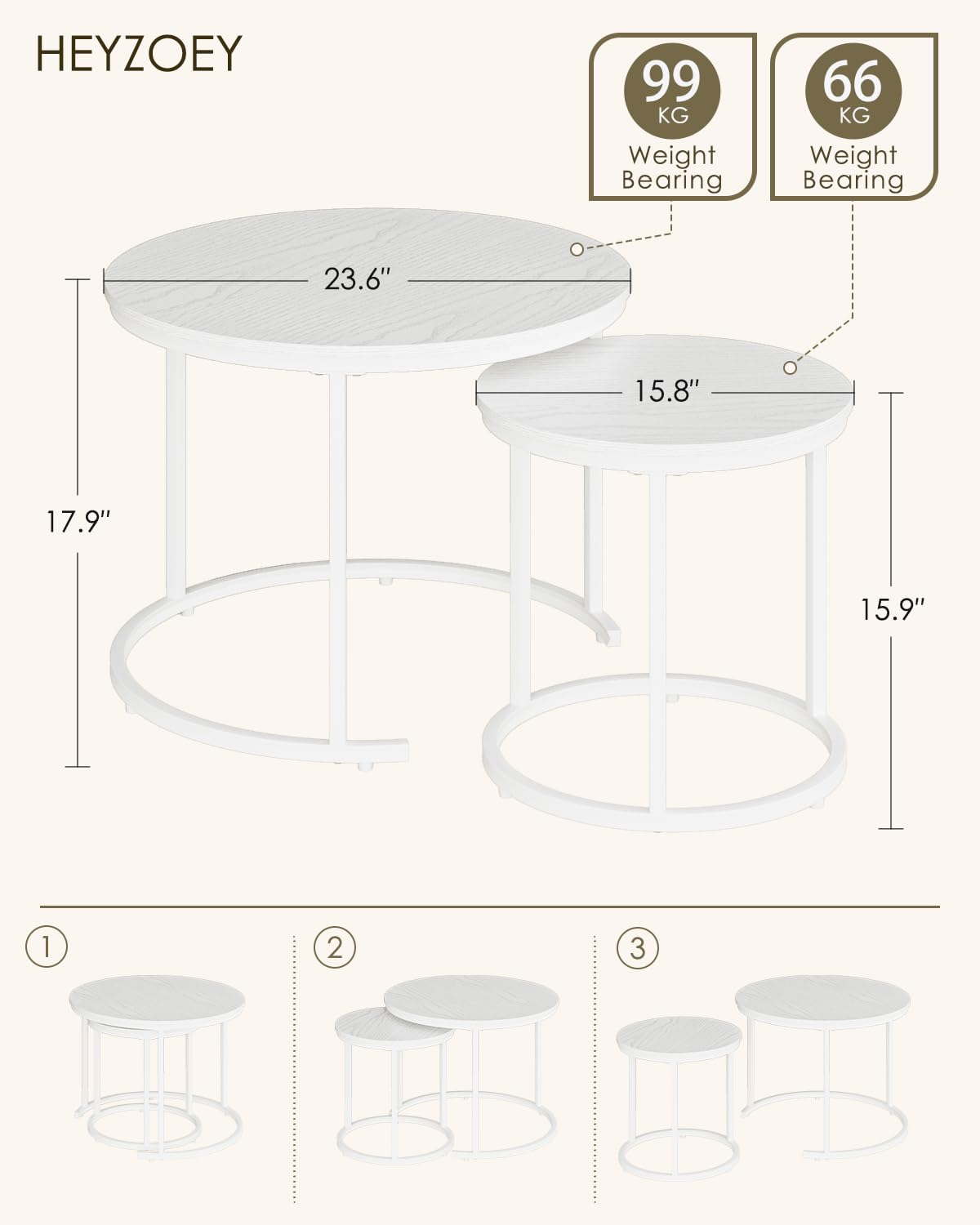 HEYZOEY Round Coffee Tables, Removable Set of 2 End Table, Nesting Tables with White Metal Frame Legs and Wooden white Top for Living Room, Bedroom