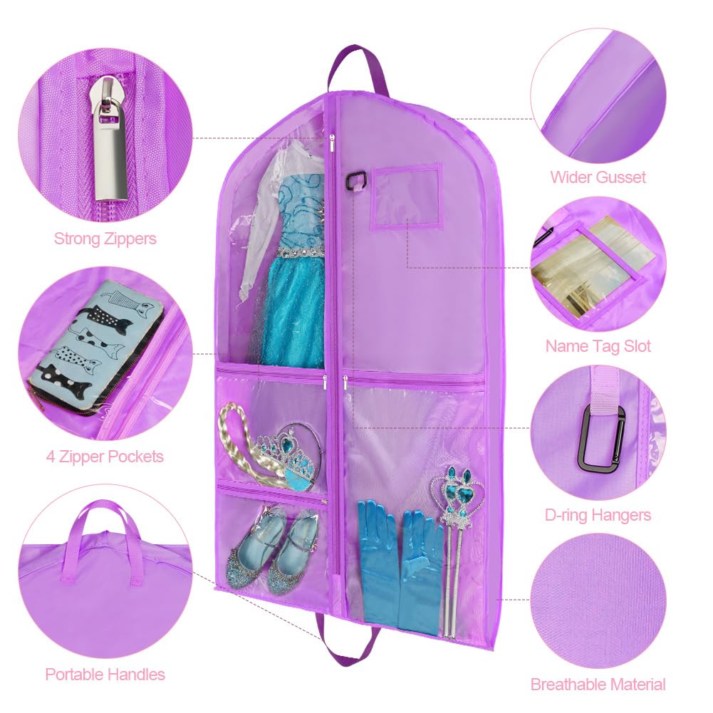 OSDUE Clothes Covers, 40 inch WaterproofHanging Garment Bags with 5 Zipper Pocket and ID Slot Pockets Foldable Kids Dance Costume Garment Bag Travel