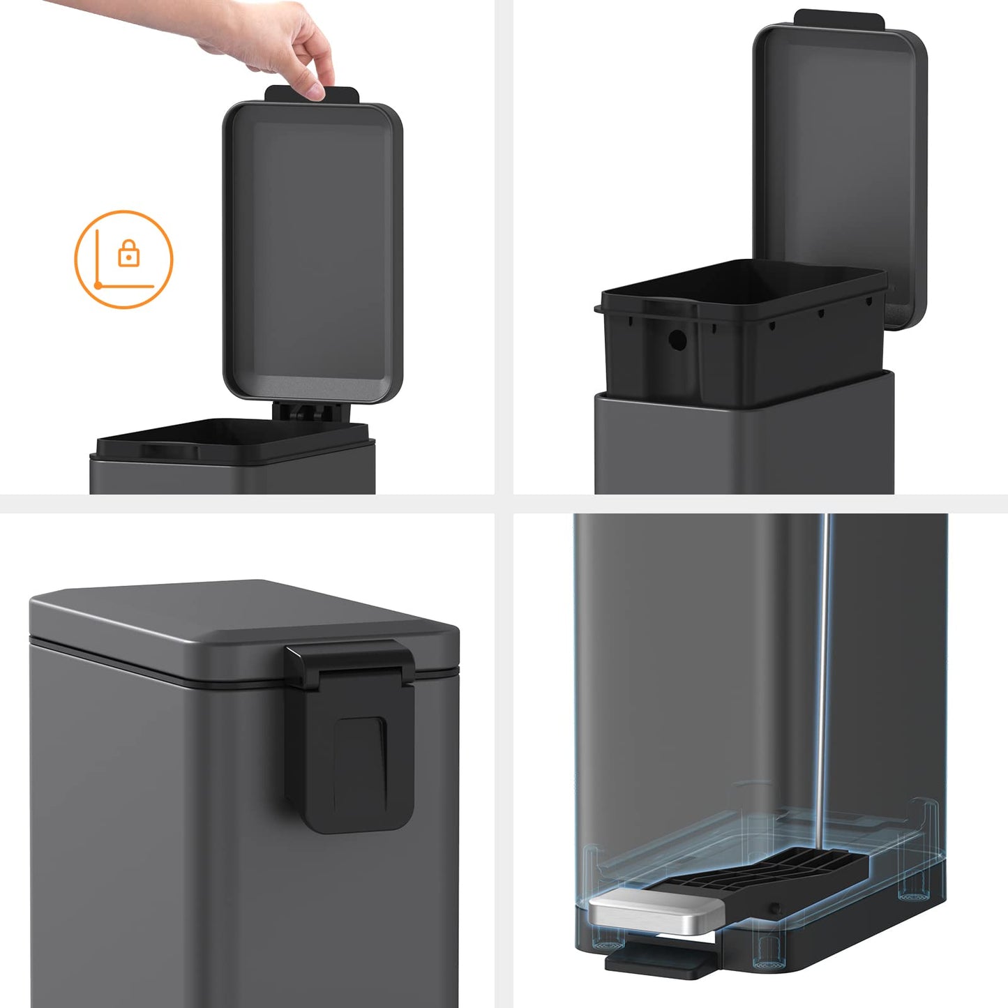 Mbillion Bathroom Step Trash Bin 10 Liter Slim Design Step-On Trash Can with Strong Pedal and Soft Close Lid Stainless Steel, Living Room, Office,Dark