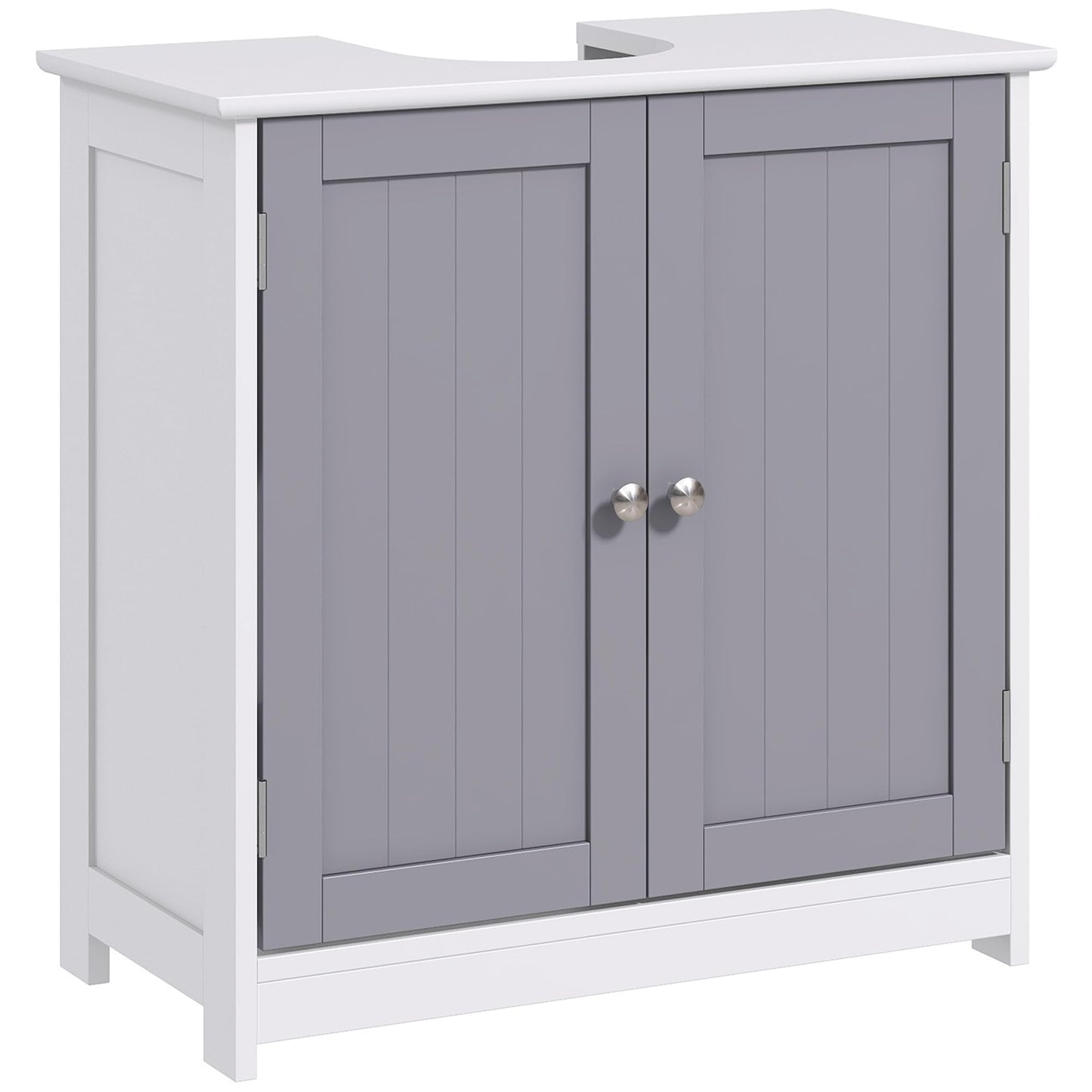kleankin 60x60cm Under-Sink Storage Cabinet w/Adjustable Shelf Handles Drain Hole Bathroom Cabinet Space Saver Organizer White and Grey