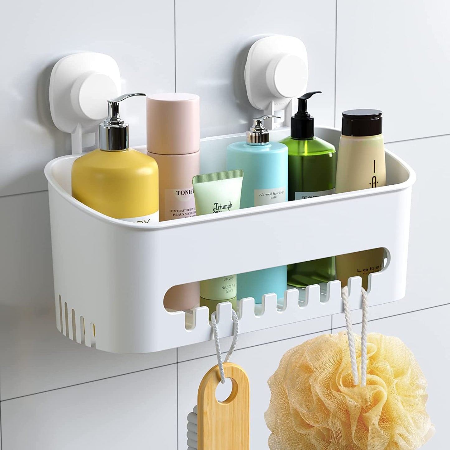 Luxear Suction Shower Caddy Basket Storage Wall Mounted Bathroom kitchen Shelf Holder Easy to Install, No-Drilling Removable Vacuum Plastic Suction