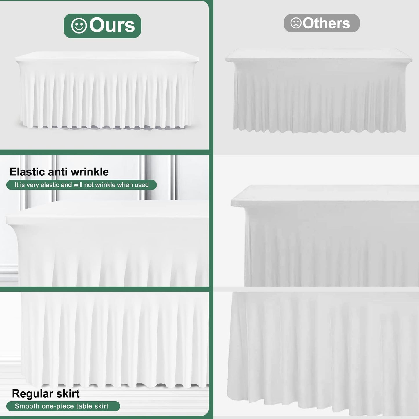 BDDC Rectangle Table Skirts - 8ft One Piece White Table Cover with Wrinkle Resistant Ruffles for Banquets, Weddings & Parties